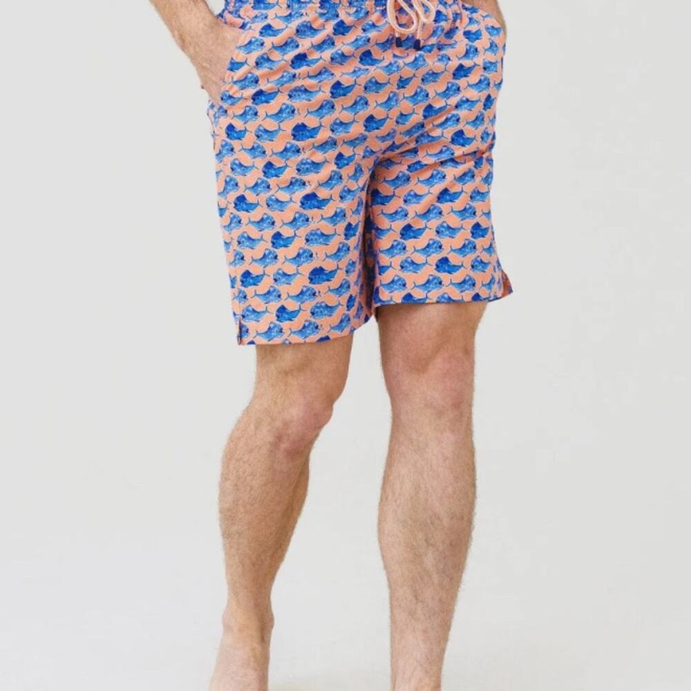 Peter Millar Seaside Swim‎ Trunks Gold Rush Orange Blue Fish Print Men’s Small